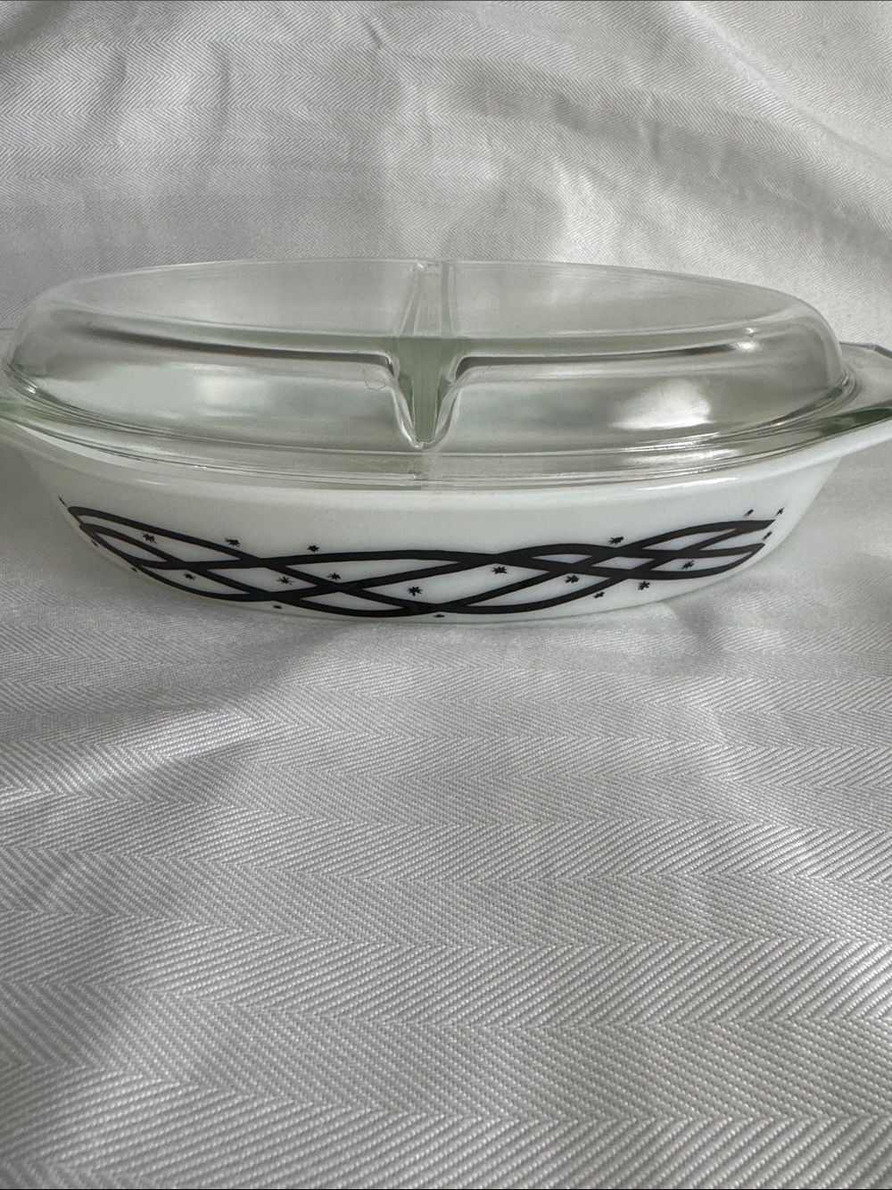 Pyrex White Divided Casserole Dish with Black Ribbon Pattern and Lid